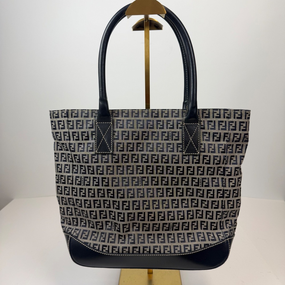 Fendi Zucca Monogram Canvas Tote Bag Navy Blue Leather Trim Authentic